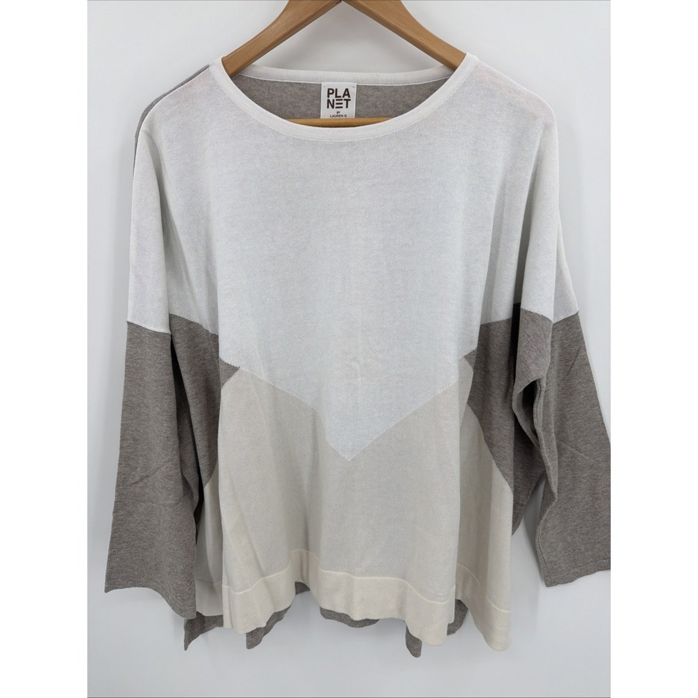 Planet by Lauren G One Size Ivory White Oatmeal Brown Colorblock Airy  Sweater